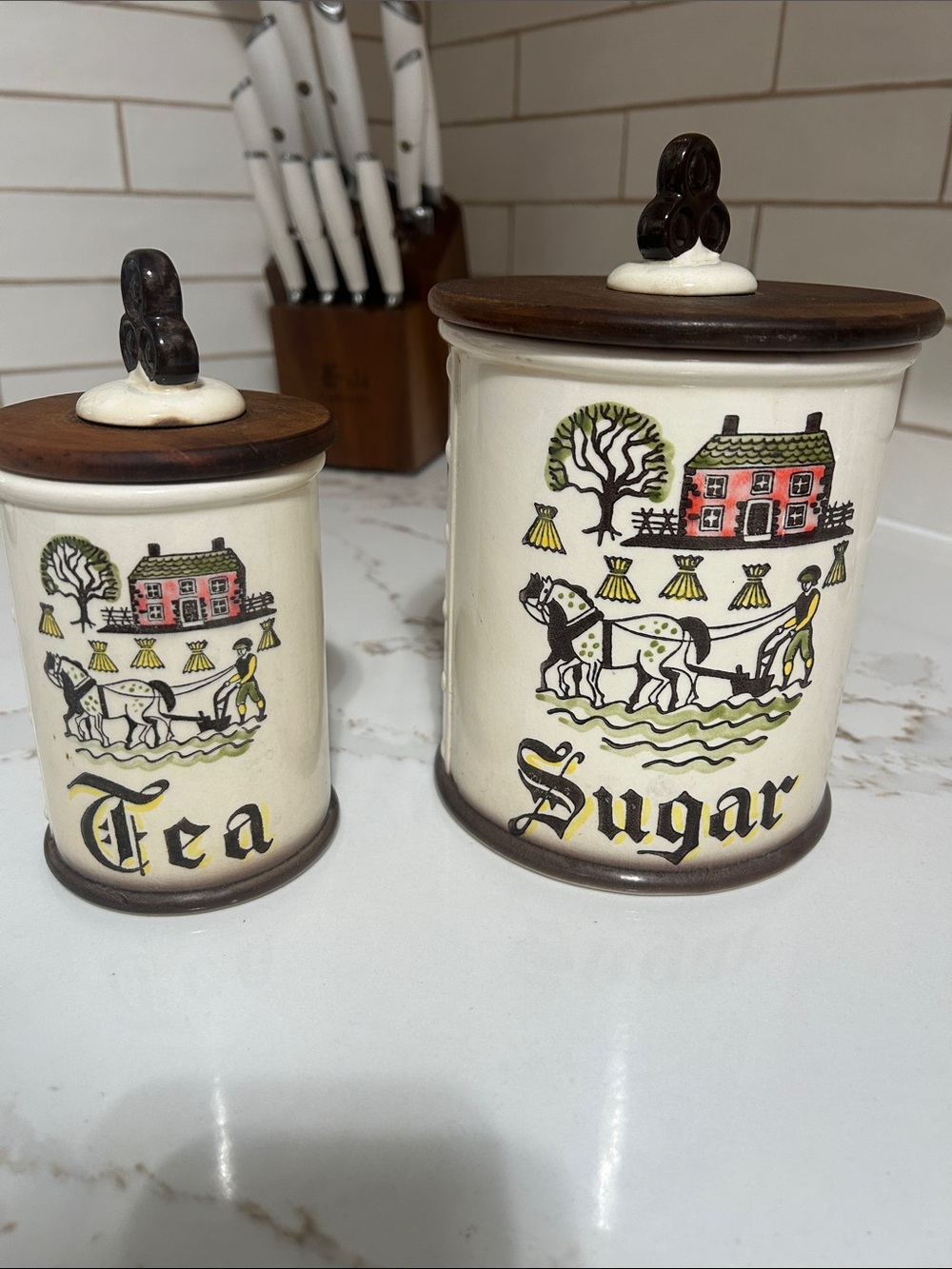 Vintage Metlox Poppytrail Cream Ceramic Tea & Sugar Canister Set with Brown Lids
